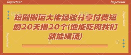 短剧搬运大佬经验分享付费短剧20天撸20个(他能吃肉我们就能喝汤)汇创网-网创项目_汇创网_中创网_福缘网_冒泡网_资源整合平台汇创网