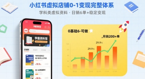 小红书虚拟店铺0-1变现完整体系：卖学科类虚拟资料，一天6张+，很稳定【已完结】汇创网-网创项目_汇创网_中创网_福缘网_冒泡网_网创项目平台汇创网