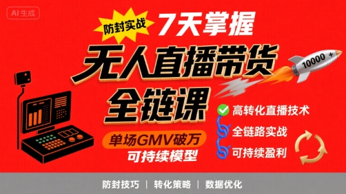 无人直播带货全链防封实战课，7天掌握高转化直播技术，实现单场GMV破万可持续模型汇创网-网创项目_汇创网_中创网_福缘网_冒泡网_资源整合平台汇创网