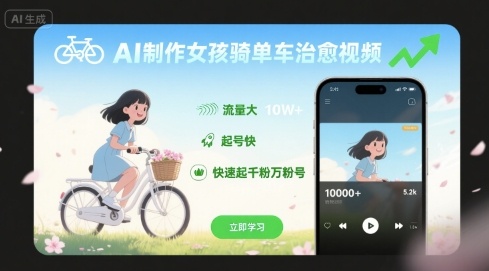 AI制作女孩骑单车治愈视频，流量大，起号快，快速起千粉万粉号汇创网-网创项目_汇创网_中创网_福缘网_冒泡网_网创项目平台汇创网