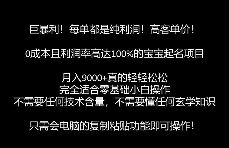 巨暴利，月入9000+的宝宝起名项目，每单都是纯利润，零基础都能躺赚【附软件+视频教程】网创项目_汇创网_中创网_福缘网_冒泡网_资源整合平台汇创网