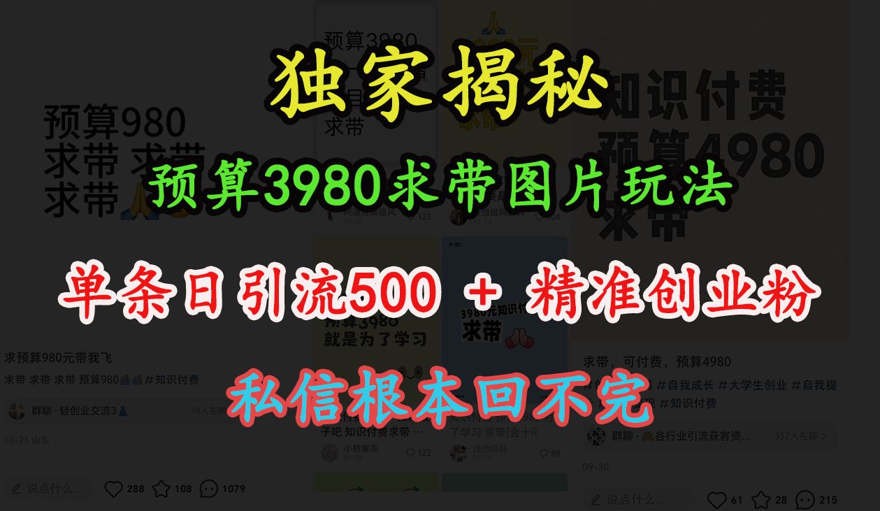 “小红书”预算3980求带 图片玩法，单条日引流500+精准创业粉，私信根本回不完汇创网-网创项目_汇创网_中创网_福缘网_冒泡网_资源整合平台汇创网