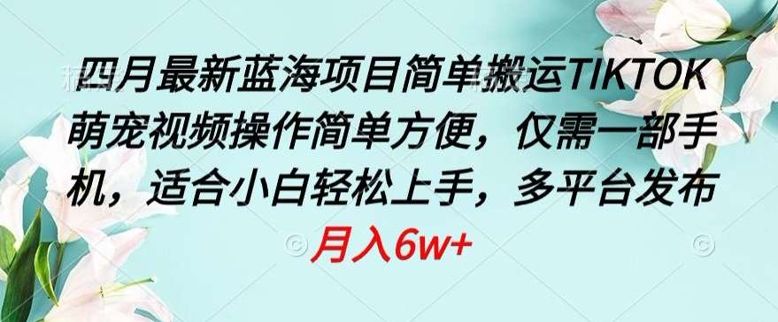 四月最新蓝海项目，简单搬运TIKTOK萌宠视频，操作简单方便，仅需一部手机【揭秘】汇创网-网创项目_汇创网_中创网_福缘网_冒泡网_资源整合平台汇创网