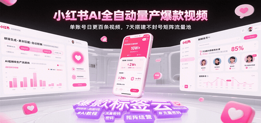 小红书AI全自动量产爆款视频，单账号日更百条视频，7天搭建不封号矩阵流量池汇创网-网创项目_汇创网_中创网_福缘网_冒泡网_资源整合平台汇创网