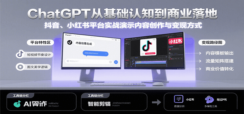 ChatGPT从基础认知到商业落地，实战演示抖音、小红书等平台的内容创作与变现汇创网-网创项目_汇创网_中创网_福缘网_冒泡网_资源整合平台汇创网