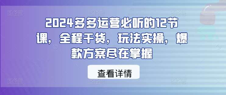 2024多多运营必听的12节课，全程干货，玩法实操，爆款方案尽在掌握汇创网-网创项目_汇创网_中创网_福缘网_冒泡网_资源整合平台汇创网