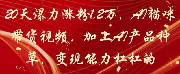 20天爆力涨粉1.2W，AI猫咪带货视频，加上AI产品种草，变现能力杠杠的汇创网-网创项目_汇创网_中创网_福缘网_冒泡网_资源整合平台汇创网