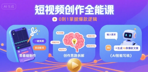 短视频创作课，短视频制作、创作思路、Ai写爆款文案汇创网-网创项目_汇创网_中创网_福缘网_冒泡网_资源整合平台汇创网