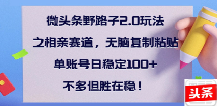 全网首发微头条野路子2.0玩法之相亲赛道，无脑搬砖复制粘贴，单账号日稳定300+保姆级教程汇创网-网创项目_汇创网_中创网_福缘网_冒泡网_资源整合平台汇创网