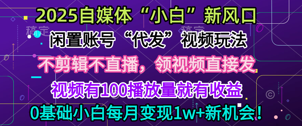 2025每月躺赚5w+新机会，闲置视频账号一键代发玩法，0粉不实名不剪辑，领了视频直接发，0基础小白也能日入300+汇创网-网创项目_汇创网_中创网_福缘网_冒泡网_资源整合平台汇创网