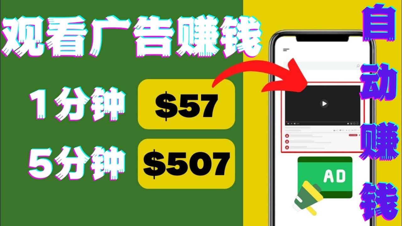 观看视频广告，只需要点击广告，每5分钟赚57美元汇创网-网创项目_汇创网_中创网_福缘网_冒泡网_资源整合平台汇创网