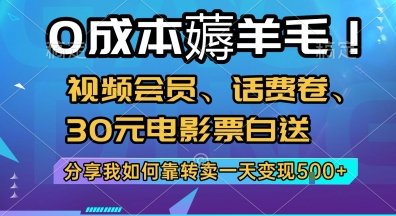0成本薅羊毛!视频会员、话费卷、30元电影票白送，分享我如何靠转卖一天变现5张+【揭秘】汇创网-网创项目_汇创网_中创网_福缘网_冒泡网_资源整合平台汇创网