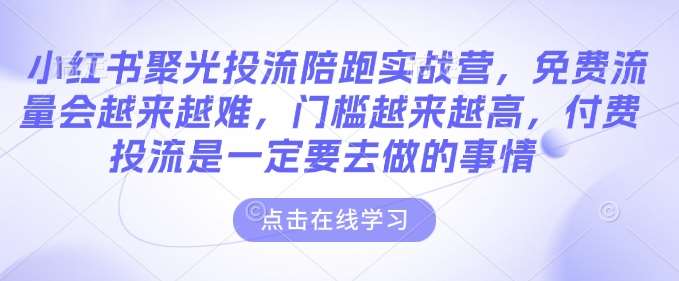 小红书聚光投流陪跑实战营，免费流量会越来越难，门槛越来越高，付费投流是一定要去做的事情汇创网-网创项目_汇创网_中创网_福缘网_冒泡网_资源整合平台汇创网