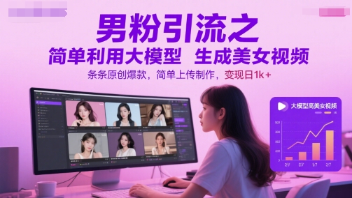 男粉引流之简单利用大模型生成美女视频，条条原创爆款，简单上传制作，变现日1k+汇创网-网创项目_汇创网_中创网_福缘网_冒泡网_资源整合平台汇创网