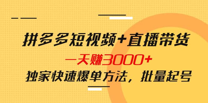 拼多多短视频+直播带货，一天赚3000+独家快速爆单方法，批量起号汇创网-网创项目_汇创网_中创网_福缘网_冒泡网_资源整合平台汇创网
