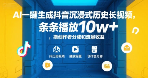 AI一键生成抖音沉浸式历史长视频，条条播放10w+，撸创作者分成和流量收益【揭秘】汇创网-网创项目_汇创网_中创网_福缘网_冒泡网_资源整合平台汇创网
