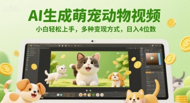 AI生成萌宠动物视频，小白轻松上手，多种变现方式，日入4位数汇创网-网创项目_汇创网_中创网_福缘网_冒泡网_资源整合平台汇创网