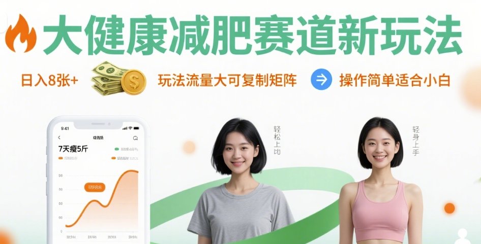 大健康减肥赛道新玩法日入8张，玩法流量大可复制矩阵，操作简单适合小白汇创网-网创项目_汇创网_中创网_福缘网_冒泡网_网创项目平台汇创网