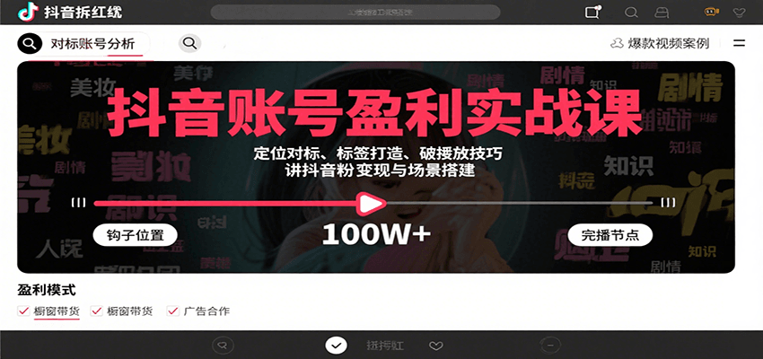 抖音账号盈利实战课，定位对标、标签打造、破播放技巧，讲涨粉变现与场景搭建汇创网-网创项目_汇创网_中创网_福缘网_冒泡网_资源整合平台汇创网