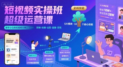 短视频实操班超级运营课，新手小白到短视频大神必修课程，剪辑-拍摄-运营-直播-变现汇创网-网创项目_汇创网_中创网_福缘网_冒泡网_网创项目平台汇创网