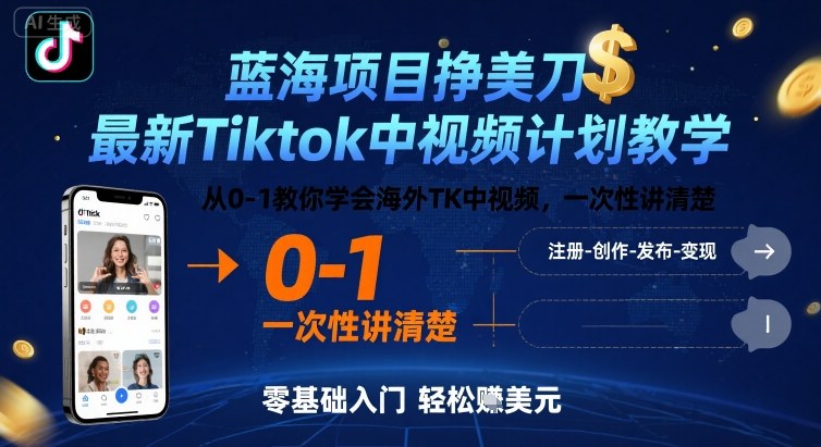 蓝海项目挣美刀，最新Tiktok中视频计划教学，从0-1教你学会海外TK中视频，一次性讲清楚汇创网-网创项目_汇创网_中创网_福缘网_冒泡网_网创项目平台汇创网