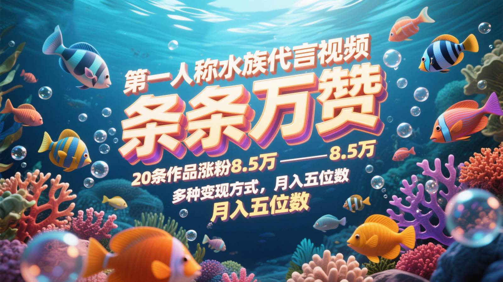 第一人称水族代言视频，条条万赞，20条作品涨粉8.5万，多种变现方式月，入五位数汇创网-网创项目_汇创网_中创网_福缘网_冒泡网_资源整合平台汇创网