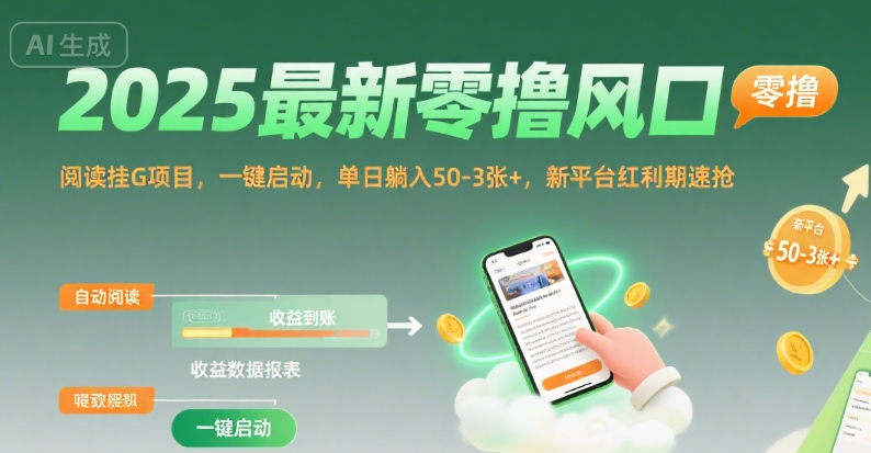 2025最新零撸风口，阅读挂G项目，一键启动，单日躺入 50-3张+，新平台红利期速抢【揭秘】汇创网-网创项目_汇创网_中创网_福缘网_冒泡网_网创项目平台汇创网