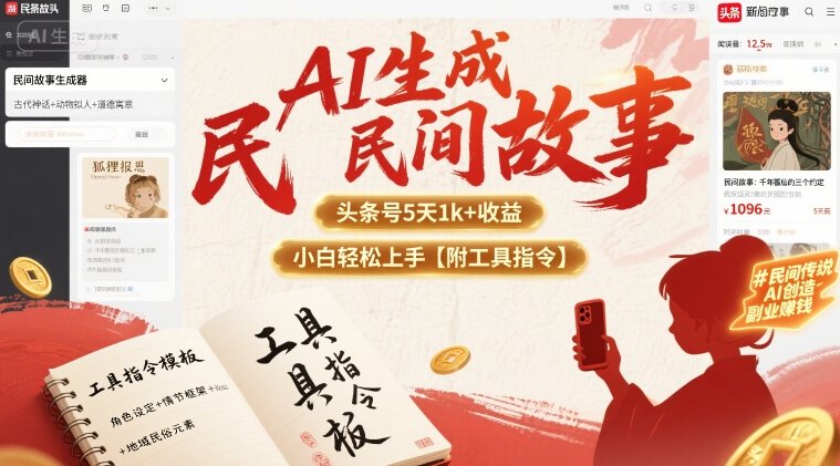 AI生成民间故事，头条号5天1k+，小白轻松上手【附工具指令】汇创网-网创项目_汇创网_中创网_福缘网_冒泡网_网创项目平台汇创网