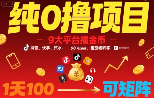 纯0撸项目，9大平台撸金币，抖音，快手，汽水，番茄畅听等，1天100，可矩阵汇创网-网创项目_汇创网_中创网_福缘网_冒泡网_网创项目平台汇创网
