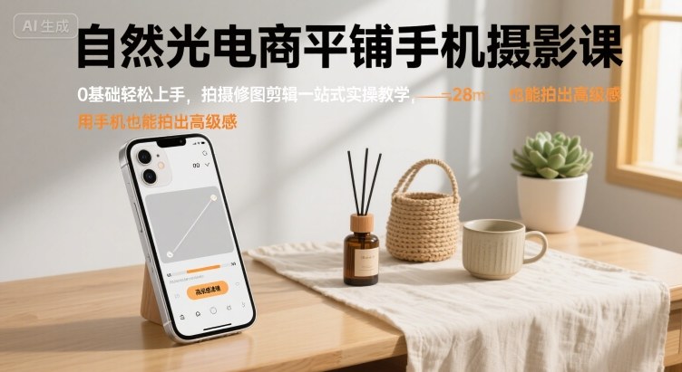 自然光电商平铺手机摄影课，0基础轻松上手，拍摄修图剪辑一站式实操教学，用手机也能拍出高级感汇创网-网创项目_汇创网_中创网_福缘网_冒泡网_网创项目平台汇创网