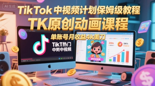 TikTok中视频计划保姆级教程，TK原创动画课程，单账号月收益4k美刀汇创网-网创项目_汇创网_中创网_福缘网_冒泡网_资源整合平台汇创网