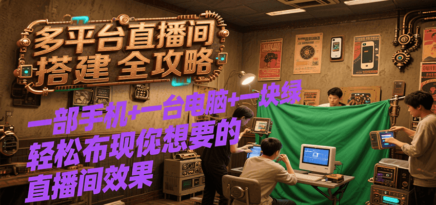 多平台直播间搭建全攻略，一部手机+一台电脑+一块绿布轻松实现你想要的直播间效果汇创网-网创项目_汇创网_中创网_福缘网_冒泡网_网创项目平台汇创网
