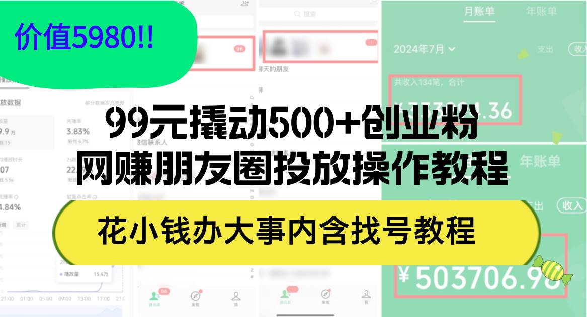 99元撬动500+创业粉，网赚朋友圈投放操作教程价值5980！花小钱办大事内…汇创网-网创项目_汇创网_中创网_福缘网_冒泡网_资源整合平台汇创网