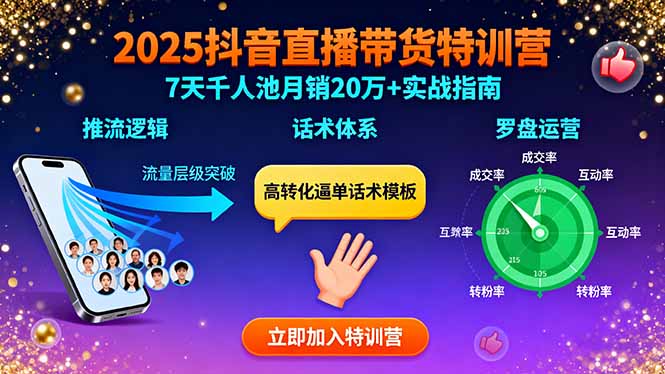 （15958期）2025抖音直播带货特训：推流逻辑、话术体系、罗盘运营,7天千人池月销20万+汇创网-网创项目_汇创网_中创网_福缘网_冒泡网_网创项目平台汇创网