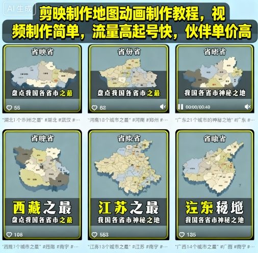 剪映制作地图动画制作教程，视频制作简单，流量高起号快，伙伴单价高汇创网-网创项目_汇创网_中创网_福缘网_冒泡网_网创项目平台汇创网