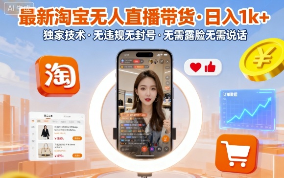 最新淘宝无人直播带货，日入1k+，独家技术，无违规无封号，无需露脸无需说话【揭秘】汇创网-网创项目_汇创网_中创网_福缘网_冒泡网_网创项目平台汇创网