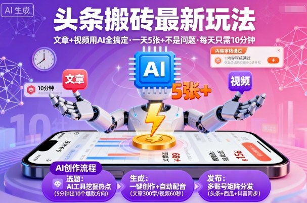头条搬砖最新玩法，文章+视频用AI全搞定，一天5张+不是问题，每天只需10分钟汇创网-网创项目_汇创网_中创网_福缘网_冒泡网_网创项目平台汇创网