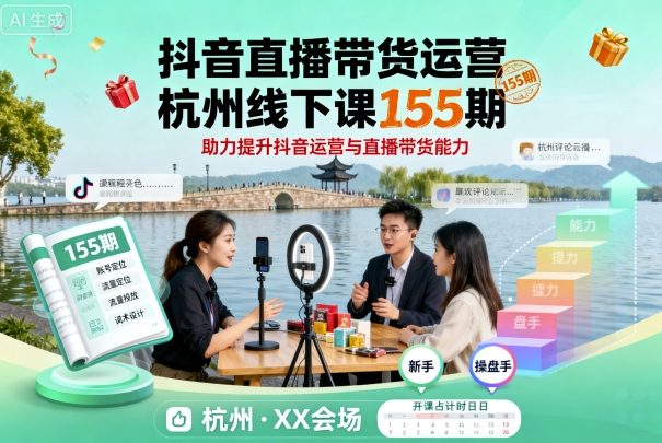 抖音直播带货运营杭州线下课155期，助力提升抖音运营与直播带货能力汇创网-网创项目_汇创网_中创网_福缘网_冒泡网_网创项目平台汇创网