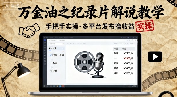 万金油之纪录片解说教学，手把手教你，完全实操，多平台发布撸收益汇创网-网创项目_汇创网_中创网_福缘网_冒泡网_网创项目平台汇创网