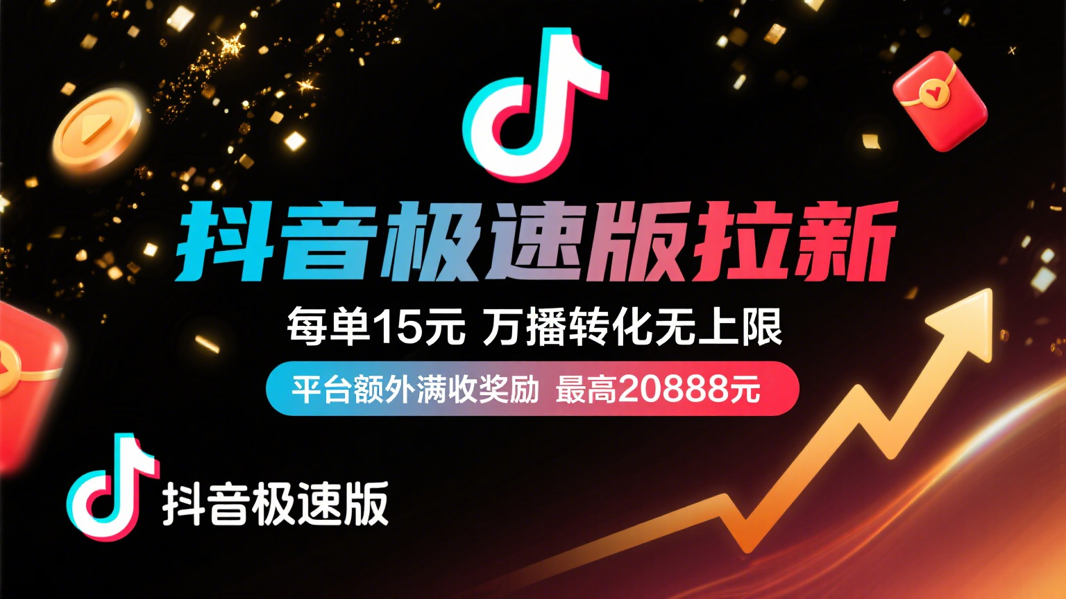 抖音极速版放福利，每单15元，万播转化无上限，平台额外满收奖励，最高可领20888元汇创网-网创项目_汇创网_中创网_福缘网_冒泡网_网创项目平台汇创网