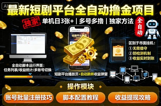最新短剧平台全自动挂G撸金项目，单机一天3张+，多号多撸，区别于市面所有挂机项目，独家方法【揭秘】汇创网-网创项目_汇创网_中创网_福缘网_冒泡网_网创项目平台汇创网