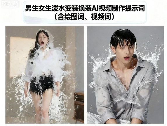 男生女生泼水变装换装AI视频制作提示词(含绘图词、视频词)汇创网-网创项目_汇创网_中创网_福缘网_冒泡网_网创项目平台汇创网