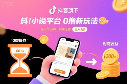 抖音旗下小说平台0撸新玩法，每天挂G60分钟，简单无脑，日入2张【揭秘】汇创网-网创项目_汇创网_中创网_福缘网_冒泡网_网创项目平台汇创网