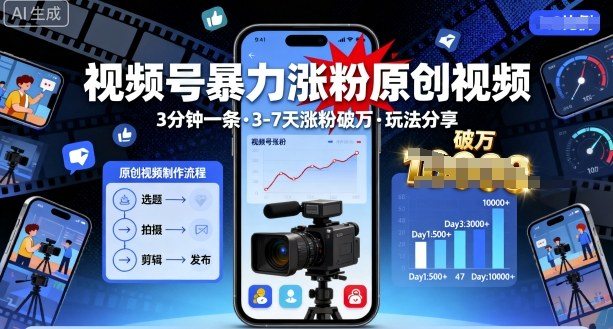 视频号暴力涨粉原创视频，3分钟一条原创视频，3-7天涨粉破万，玩法分享给你汇创网-网创项目_汇创网_中创网_福缘网_冒泡网_网创项目平台汇创网