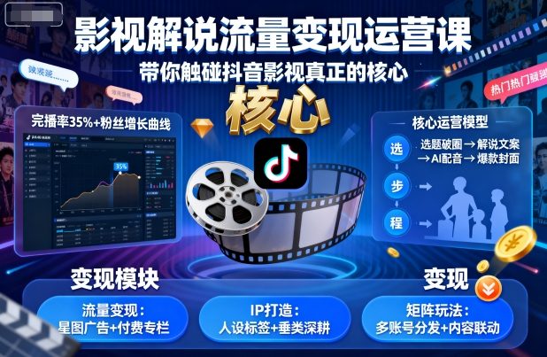 影视解说流量变现运营课，带你触碰抖音影视真正的核心汇创网-网创项目_汇创网_中创网_福缘网_冒泡网_网创项目平台汇创网