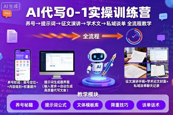 AI代写0-1实操训练营，从养号、提示词、征文演讲、学术文，到私域谈单的全流程教学汇创网-网创项目_汇创网_中创网_福缘网_冒泡网_网创项目平台汇创网