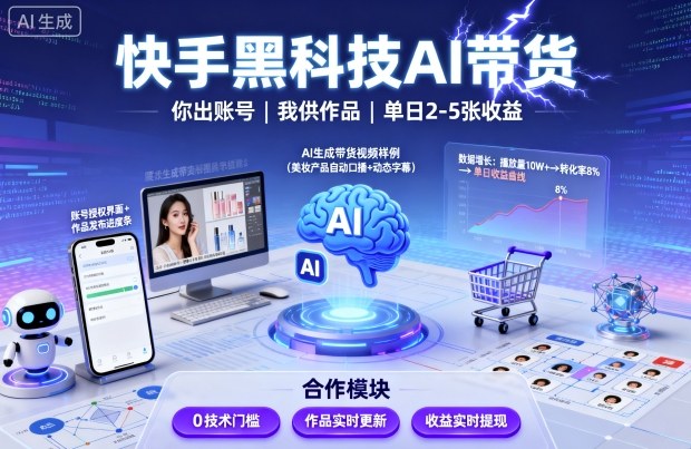 快手黑科技AI带货，你提供账号，我提供作品并发布，单日2-5张【揭秘】汇创网-网创项目_汇创网_中创网_福缘网_冒泡网_网创项目平台汇创网