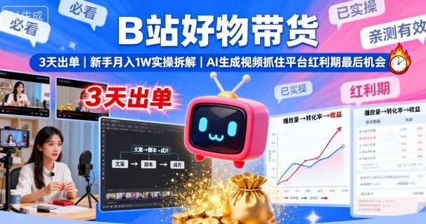 B站好物带货，3天出单，新手月入1W实操拆解，AI生成视频，抓住平台红利期最后机会汇创网-网创项目_汇创网_中创网_福缘网_冒泡网_网创项目平台汇创网