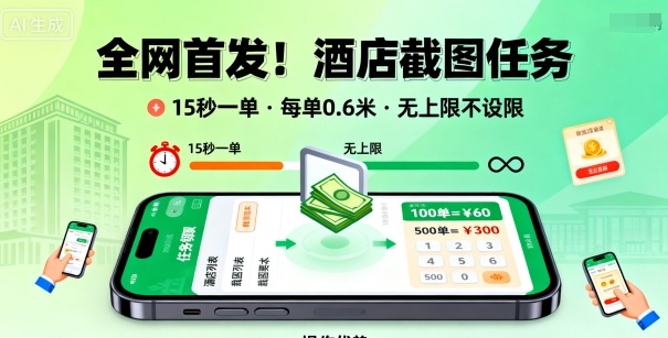 全网首发！酒店截图任务，15秒一单，每单0.6米，任务无上限不设限，矩阵操作单日3张到手【揭秘】汇创网-网创项目_汇创网_中创网_福缘网_冒泡网_网创项目平台汇创网