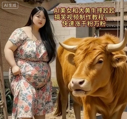 AI美女和大黄牛摔跤搞笑荒诞视频制作教程，快速涨千粉万粉汇创网-网创项目_汇创网_中创网_福缘网_冒泡网_网创项目平台汇创网